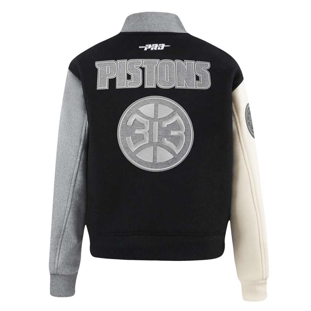 NBA DETROIT PISTONS REVERSE FRENCH TERRY WOMEN'S WOOL VARSITY JACKET (BLACK/GRAY/EGGSHELL)