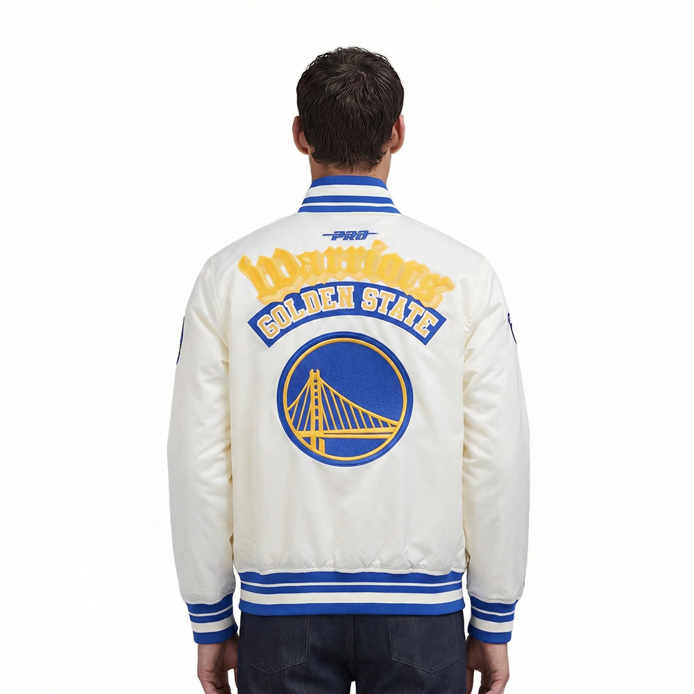 GOLDEN STATE WARRIORS BEST OF MEN'S RIB SATIN JACKET (EGGSHELL/ROYAL BLUE)