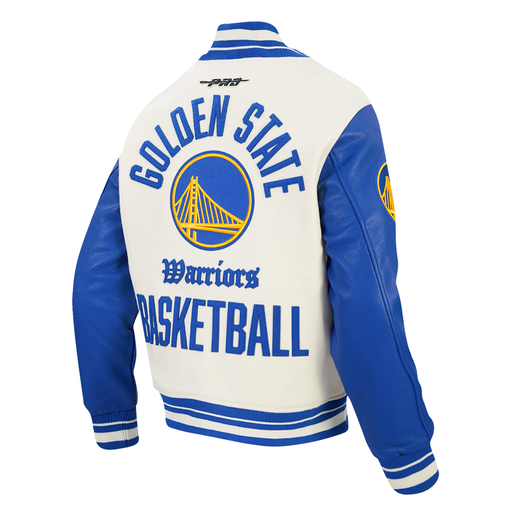 NBA GOLDEN STATE WARRIORS MODERN ORIGINALS MEN'S RIB WOOL VARSITY JACKET (EGGSHELL/ROYAL BLUE)
