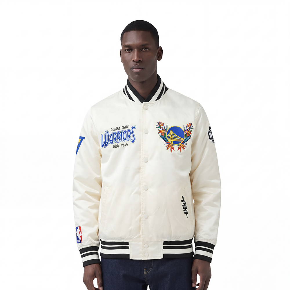 NBA GOLDEN STATE WARRIORS PARADISE MEN'S SATIN JACKET (EGGSHELL/ BLACK)