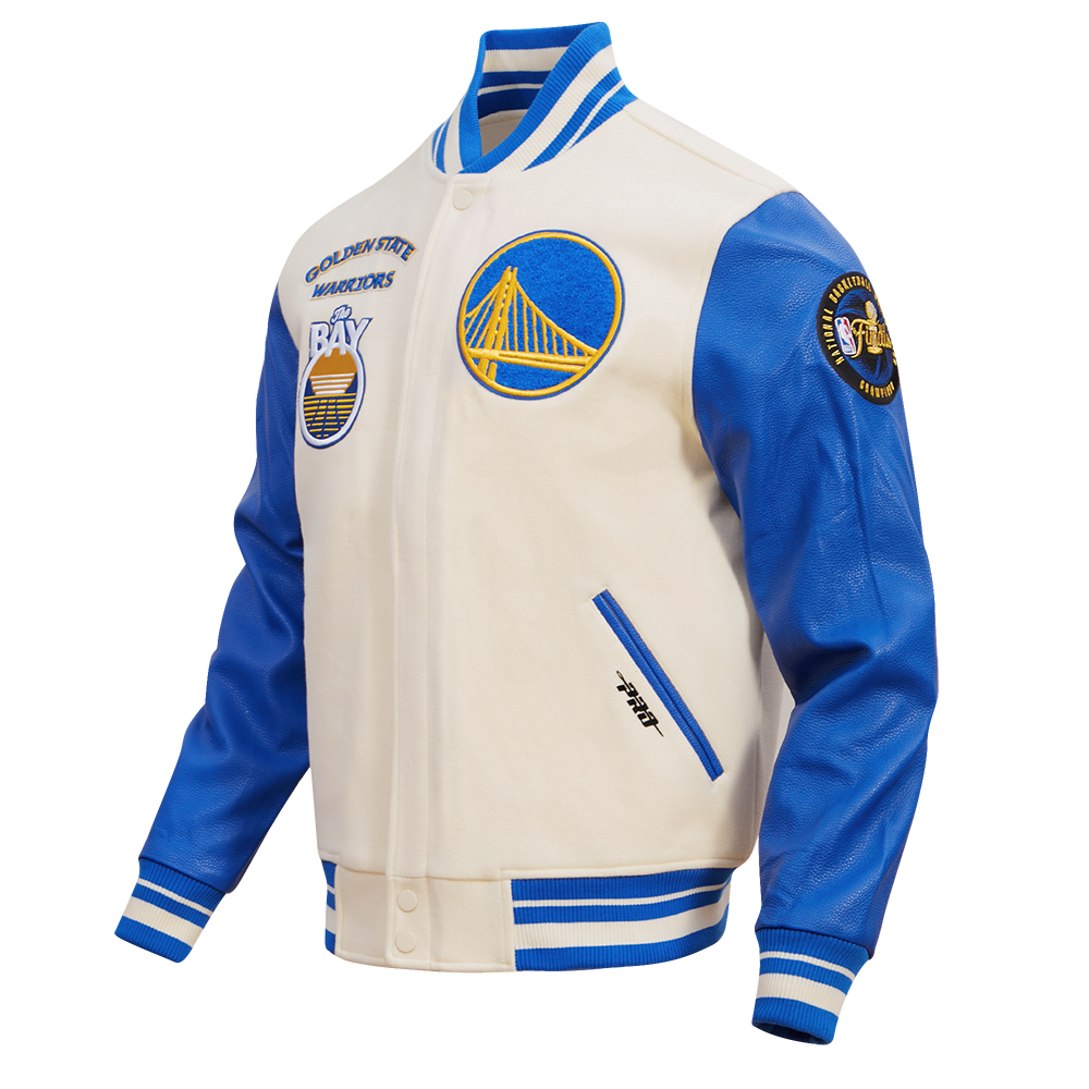 NBA GOLDEN STATE WARRIORS RETRO CLASSIC MEN S RIB WOOL VARSITY JACKET EGGSHELL ROYAL BLUE