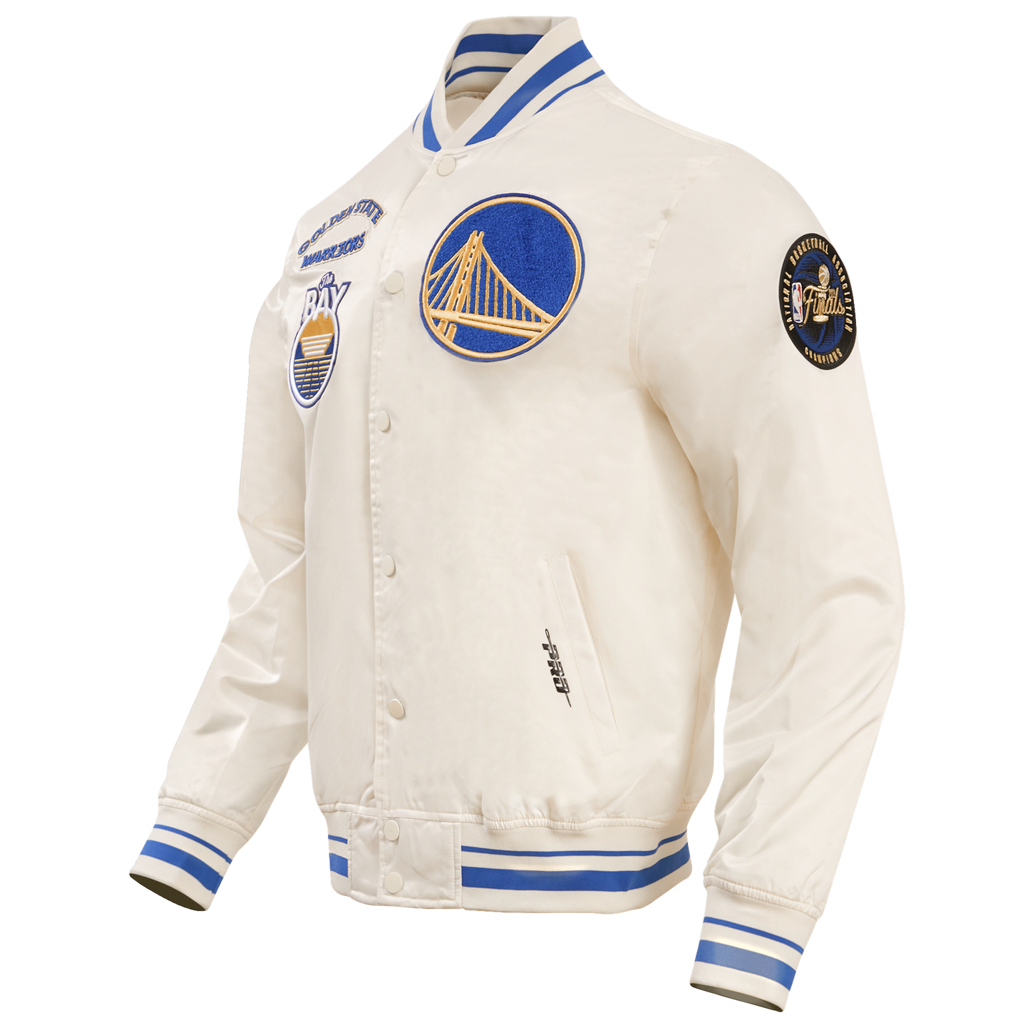 NBA GOLDEN STATE WARRIORS RETRO CLASSIC MEN'S RIB SATIN JACKET (EGGSHELL/ ROYAL BLUE)