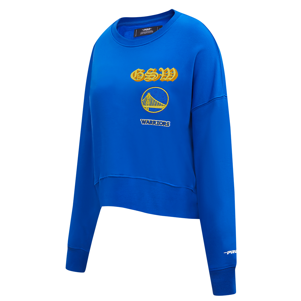NBA GOLDEN STATE WARRIORS OLD ENGLISH WOMEN'S FLC CREWNECK (ROYAL BLUE)