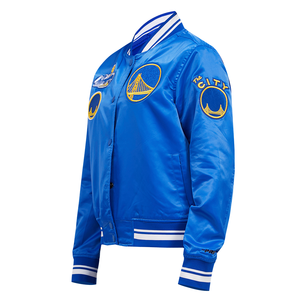 NBA GOLDEN STATE WARRIORS RETRO CLASSIC WOMEN'S RIB SATIN JACKET (EGGSHELL/ ROYAL BLUE)