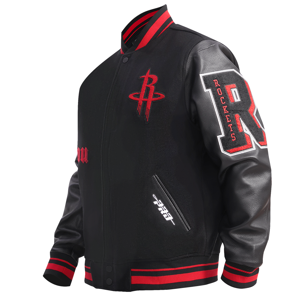 NBA HOUSTON ROCKETS OLD ENGLISH MEN'S RIB WOOL VARSITY JACKET (BLACK/RED/BLACK)