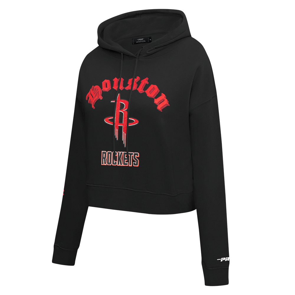 NBA HOUSTON ROCKETS OLD ENGLISH WOMEN'S FLC CROPPED PO HOODIE (BLACK)