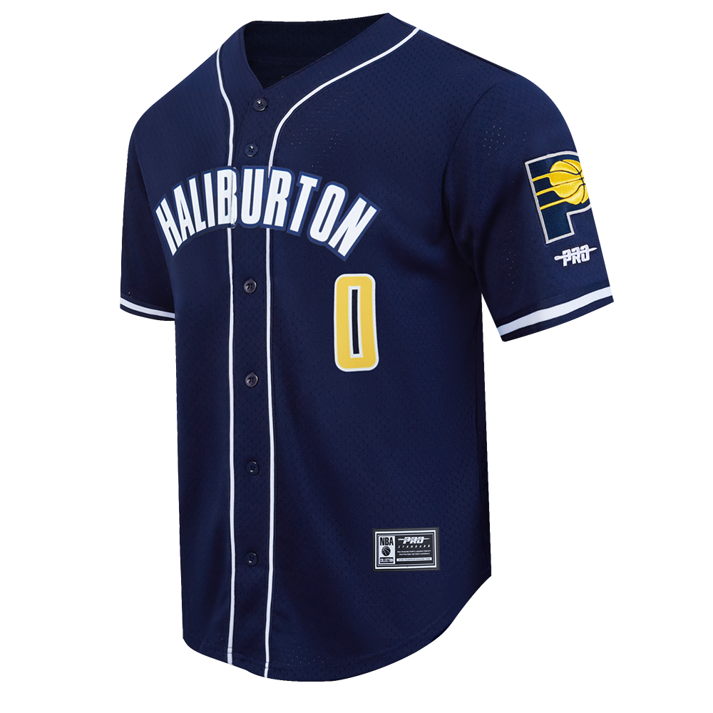 NBA INDIANA PACERS TYRESE HALIBURTON #0 CLASSIC MESH PNN MEN'S MESH BUTTON DOWN SHIRT (MIDNIGHT NAVY)