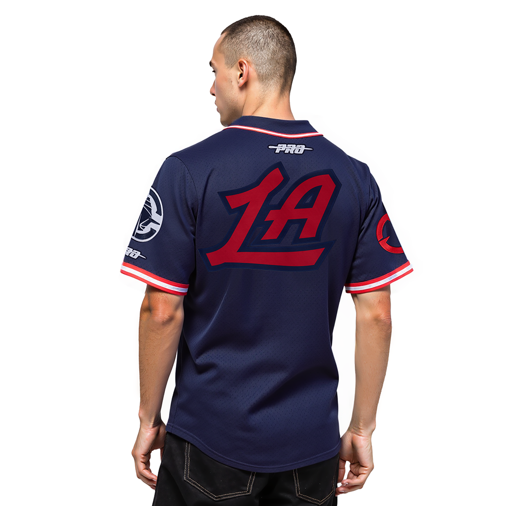 NBA LOS ANGELES CLIPPERS DREW EUBANKS #15 CLASSIC MESH PNN MEN'S MESH BUTTON DOWN SHIRT (MIDNIGHT NAVY/RED)