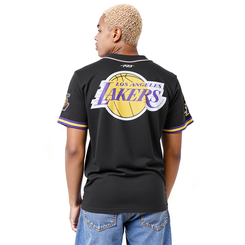 NBA LOS ANGELES LAKERS LOGO MEN'S MESH BUTTON UP SHIRT (BLACK/PURPLE)
