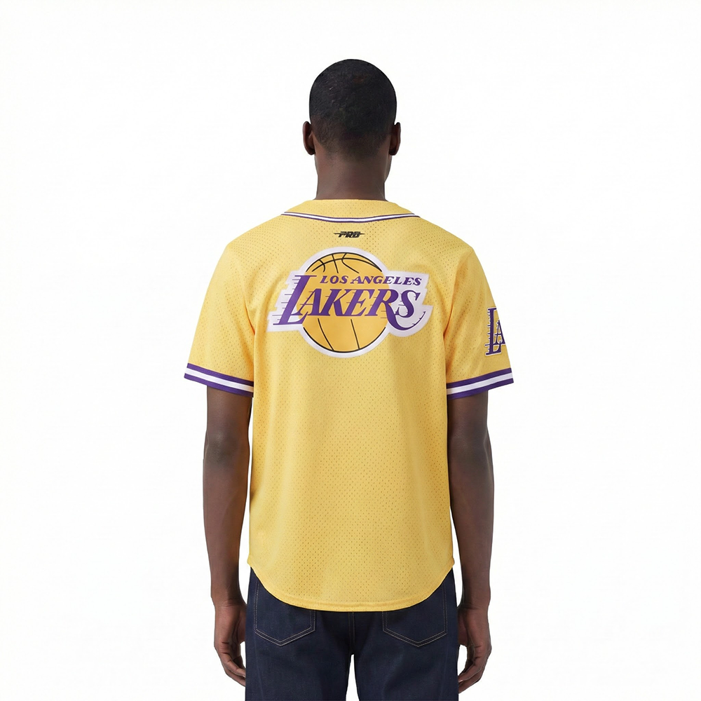 LOS ANGELES LAKERS CLASSIC MESH MEN'S BUTTON DOWN SHIRT (YELLOW/PURPLE)