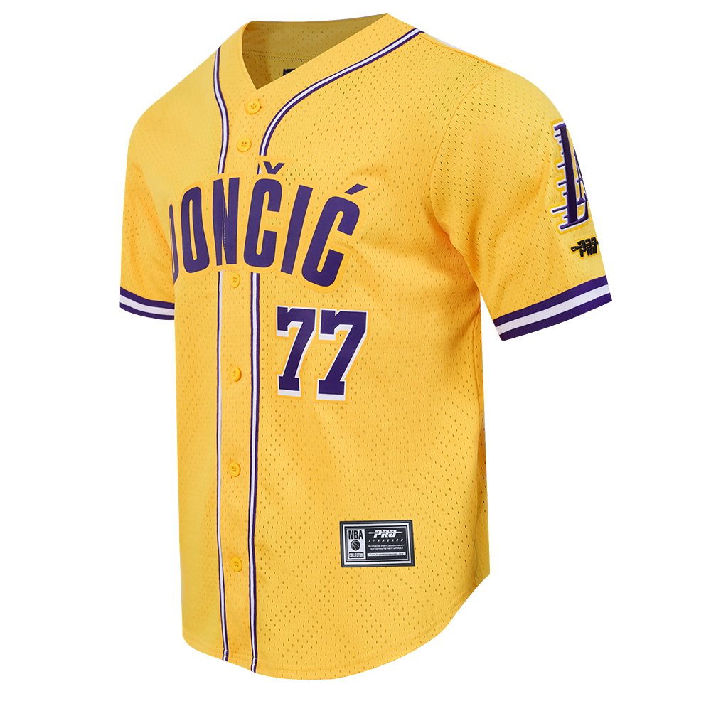 NBA LOS ANGELES LAKERS LUKA DONCIC #77 CLASSIC MESH PNN MEN'S MESH BUTTON DOWN SHIRT (YELLOW/PURPLE)