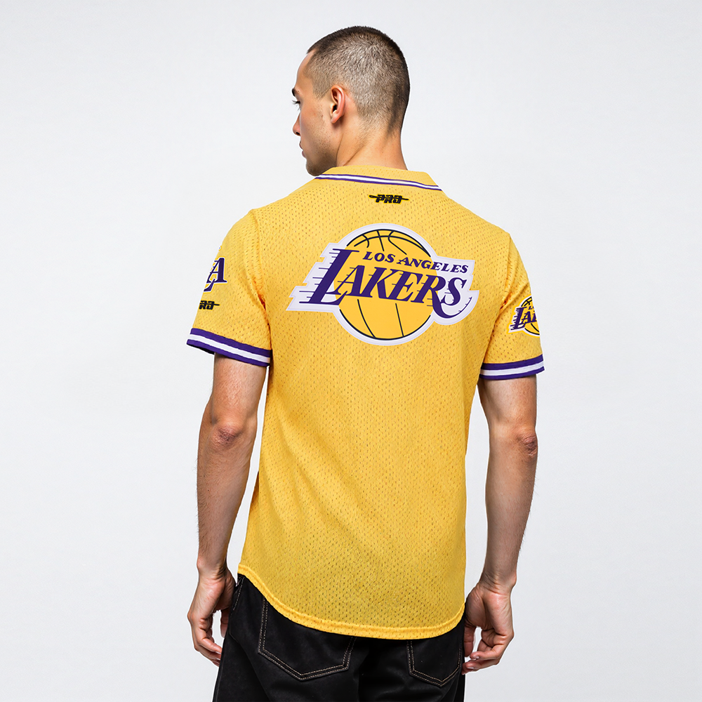 NBA LOS ANGELES LAKERS LUKA DONCIC #77 CLASSIC MESH PNN MEN'S MESH BUTTON DOWN SHIRT (YELLOW/PURPLE)