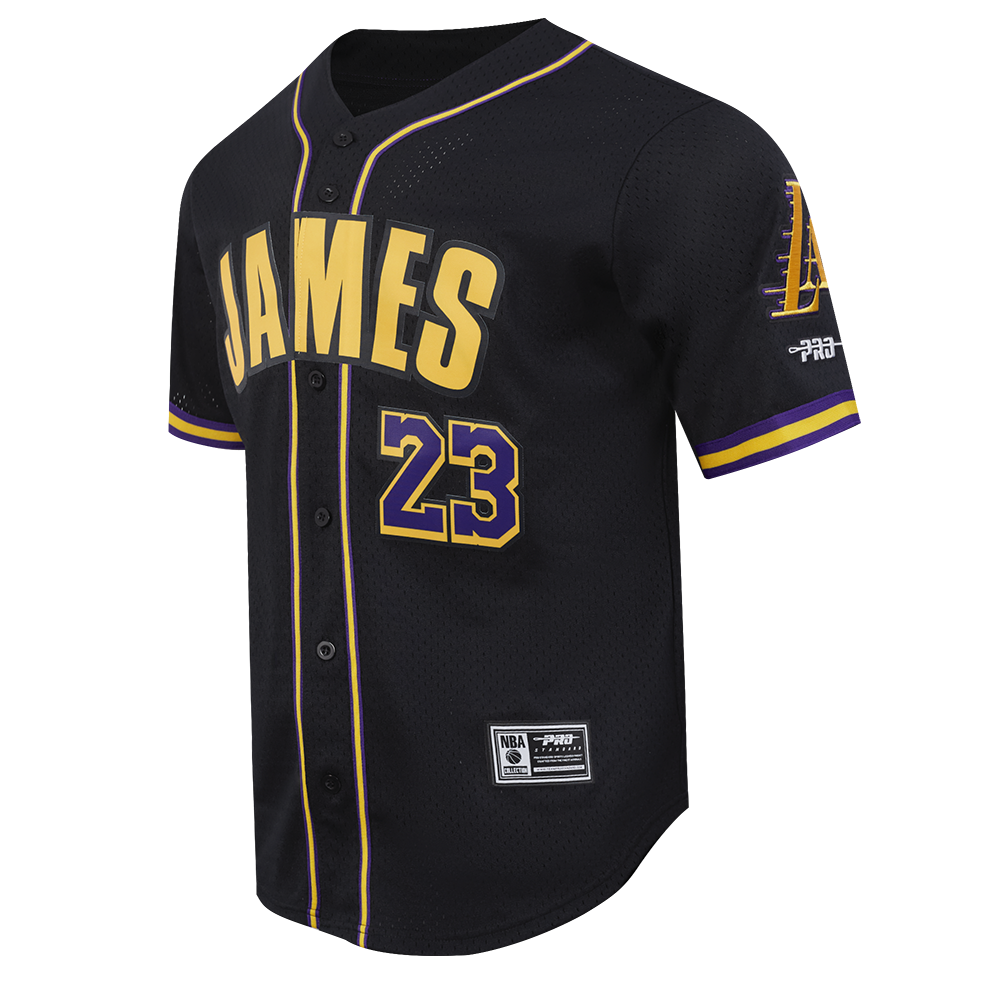 NBA LOS ANGELES LAKERS LEBRON JAMES #23 CLASSIC MESH PNN MEN'S MESH BUTTON DOWN SHIRT (BLACK/PURPLE)
