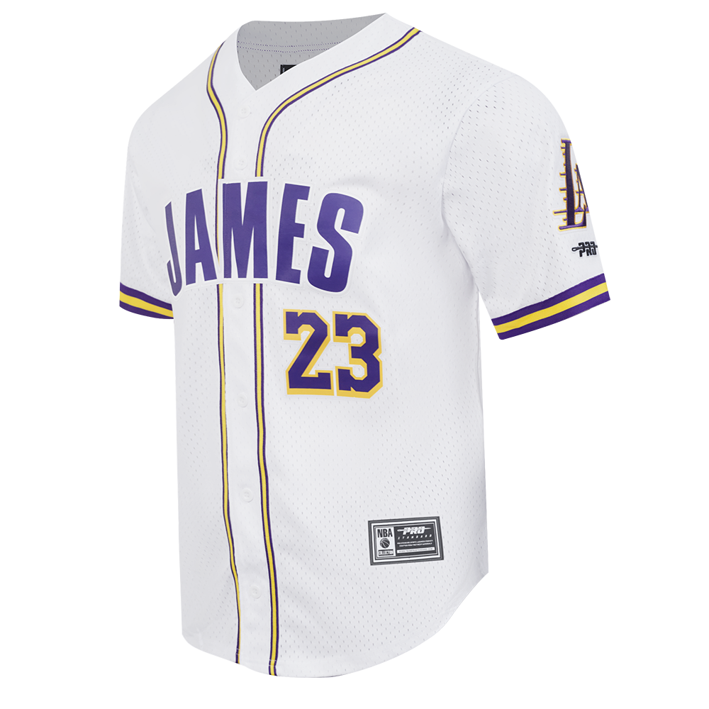 NBA LOS ANGELES LAKERS LEBRON JAMES #23 CLASSIC MESH PNN MEN'S MESH BUTTON DOWN SHIRT (WHITE/PURPLE/YELLOW)