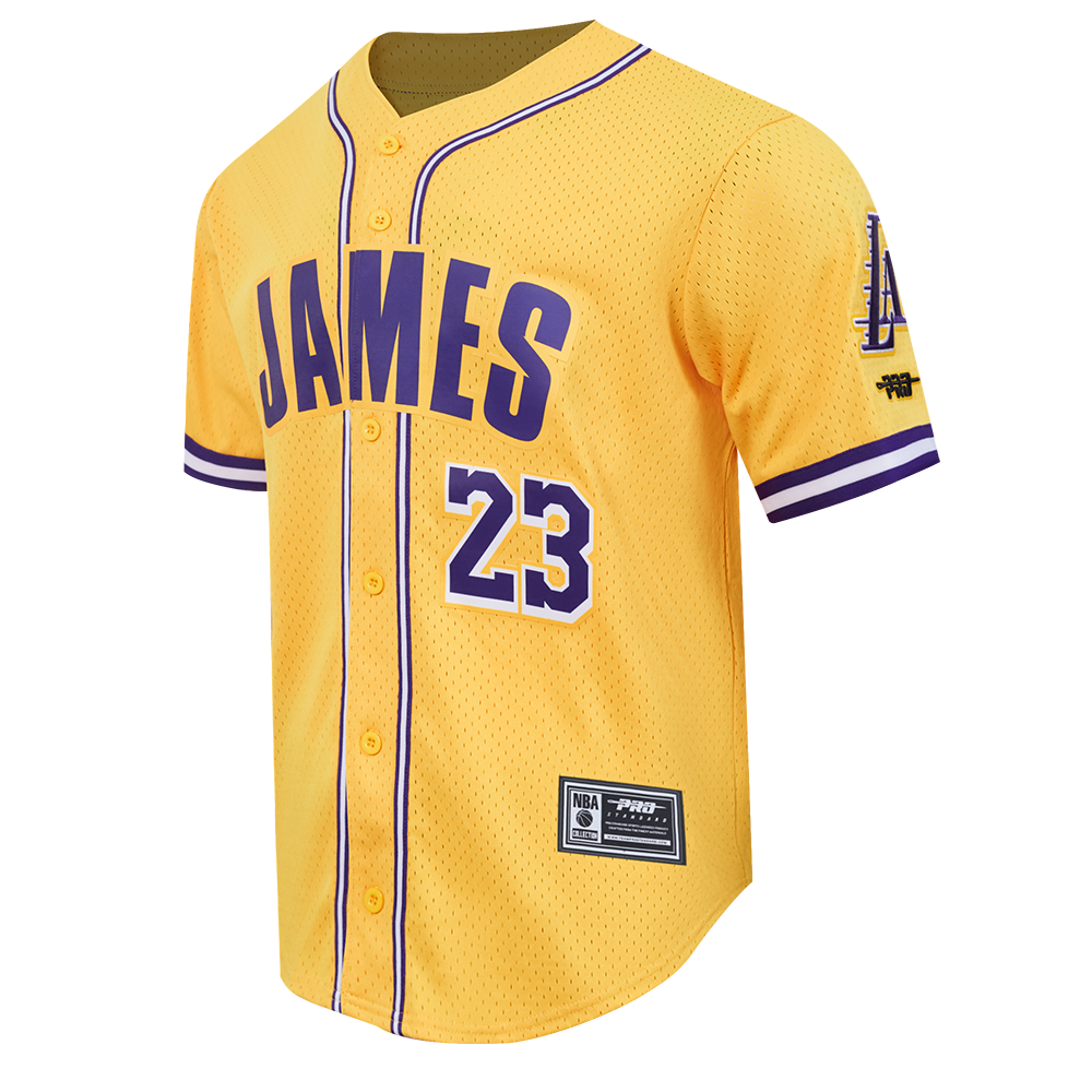 NBA LOS ANGELES LAKERS LEBRON JAMES #23 CLASSIC MESH PNN MEN'S MESH BUTTON DOWN SHIRT (YELLOW/PURPLE)