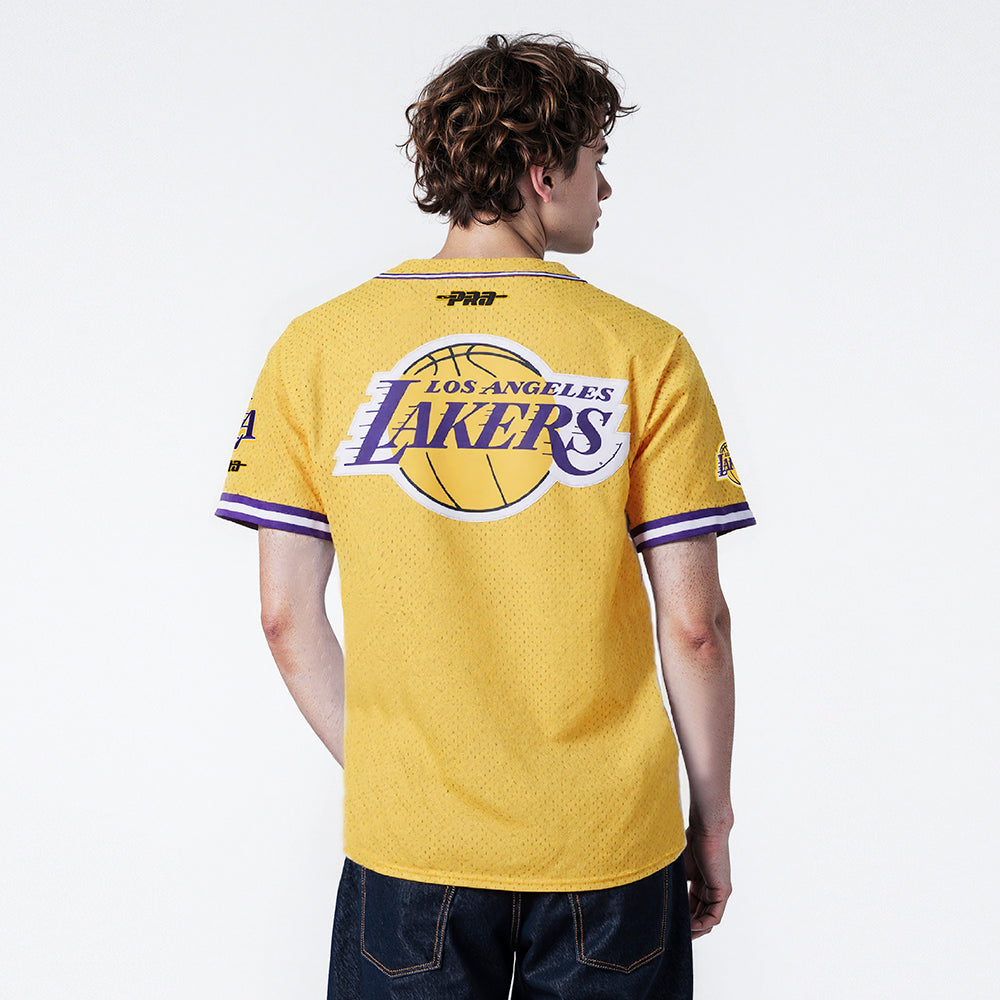 NBA LOS ANGELES LAKERS LEBRON JAMES #23 CLASSIC MESH PNN MEN'S MESH BUTTON DOWN SHIRT (YELLOW/PURPLE)