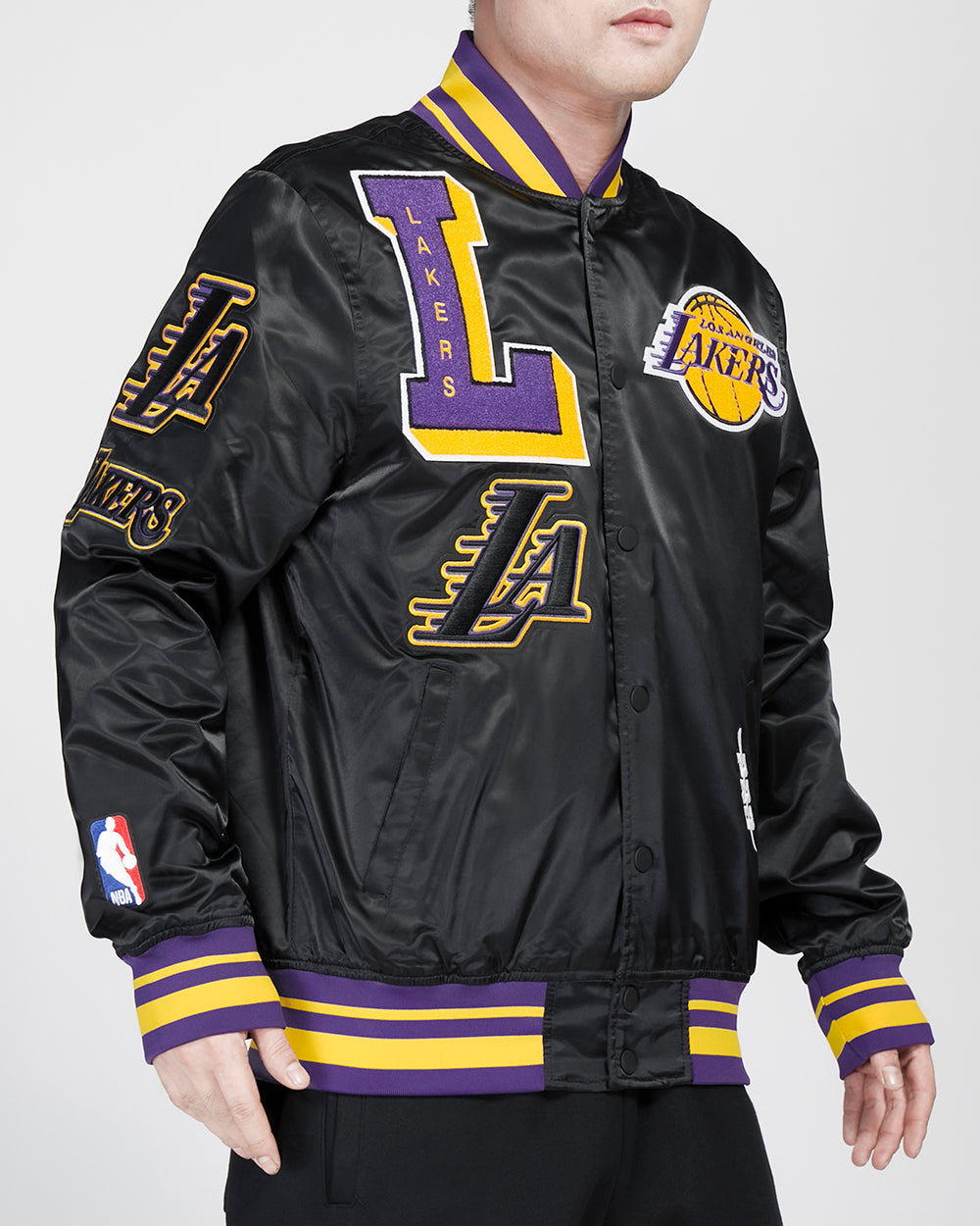 NBA LOS ANGELES LAKERS MASHUP MEN'S RIB SATIN JACKET (BLACK/PURPLE)