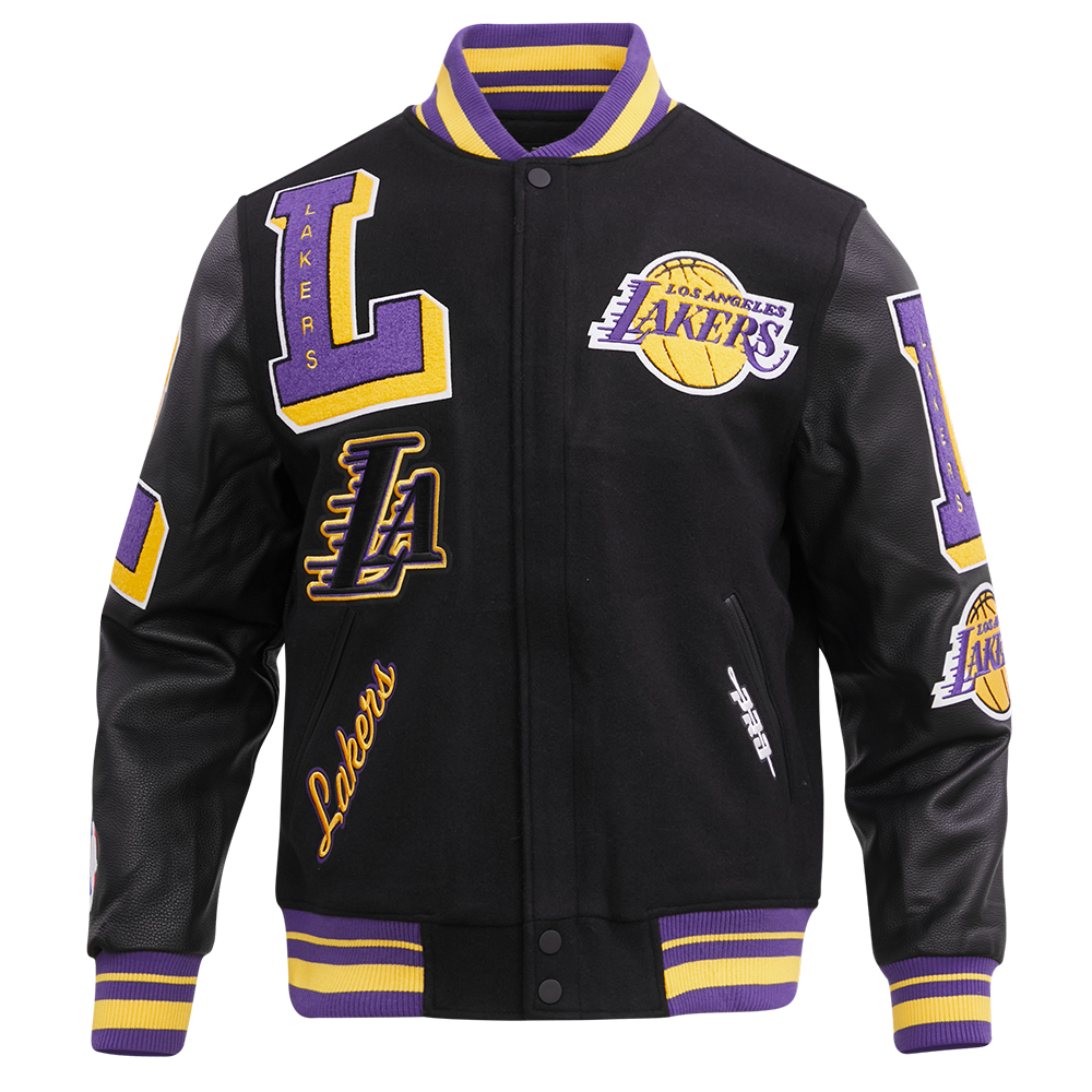 NBA LOS ANGELES LAKERS MASHUP MEN S RIB WOOL VARSITY JACKET BLACK PUR Pro Standard