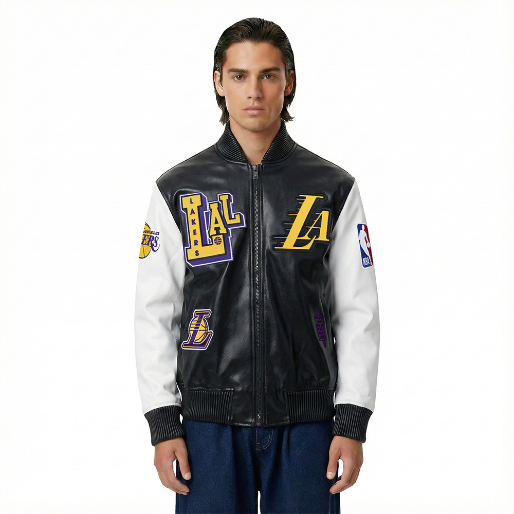 NBA LOS ANGELES LAKERS BEST OF MEN'S LEATHER VARSITY JACKET (BLACK/WHITE)