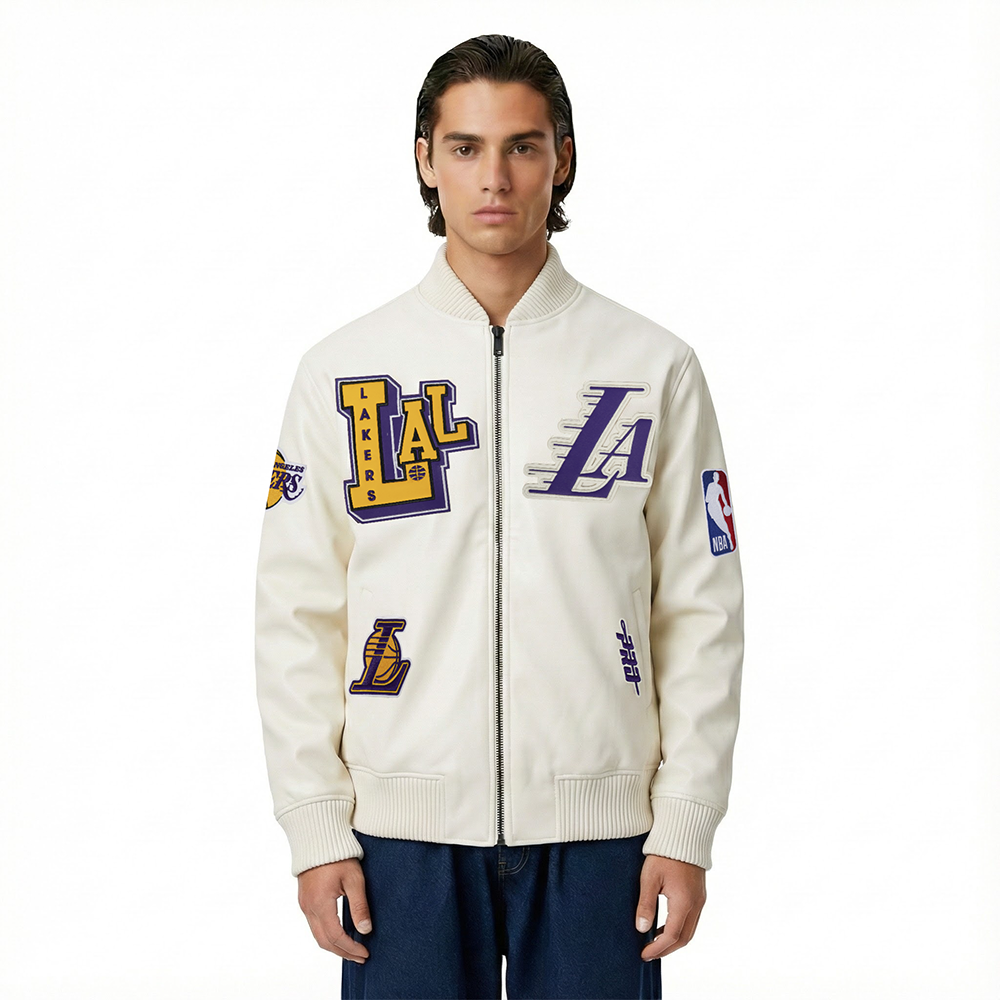 NBA LOS ANGELES LAKERS BEST OF MEN'S LEATHER VARSITY JACKET (EGGSHELL)