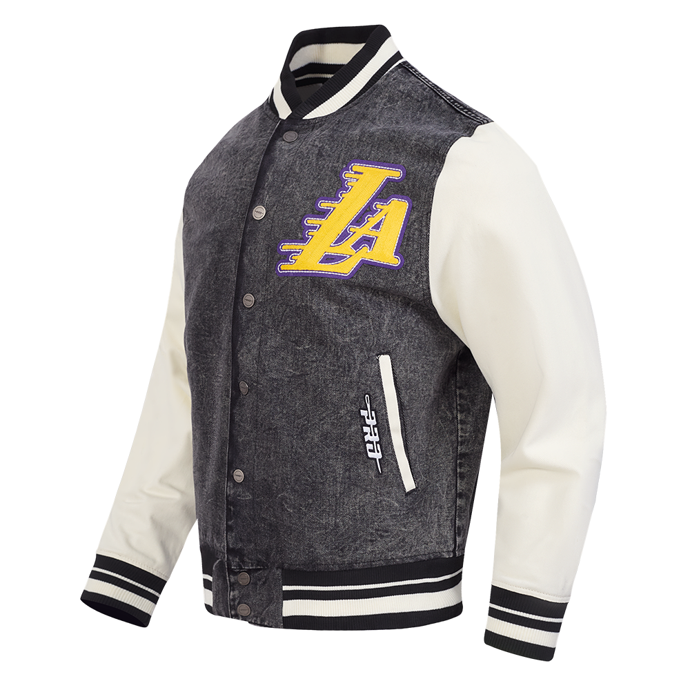 NBA LOS ANGELES LAKERS REBEL ATHLETICS MEN'S DENIM VARSITY JACKET (WASHED BLACK/EGGSHELL)