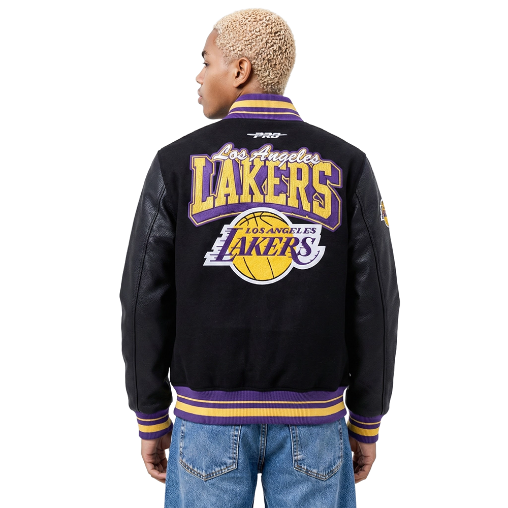 NBA LOS ANGELES LAKERS TEAM BADGE MEN'S RIB WOOL VARSITY JACKET (BLACK/PURPLE)