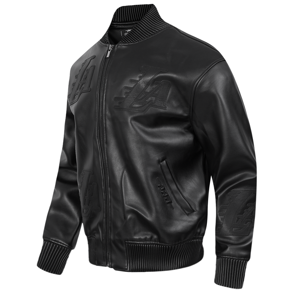 NBA LOS ANGELES LAKERS WASHED VANGUARD MEN'S LEATHER VARSITY JACKET (JET BLACK)