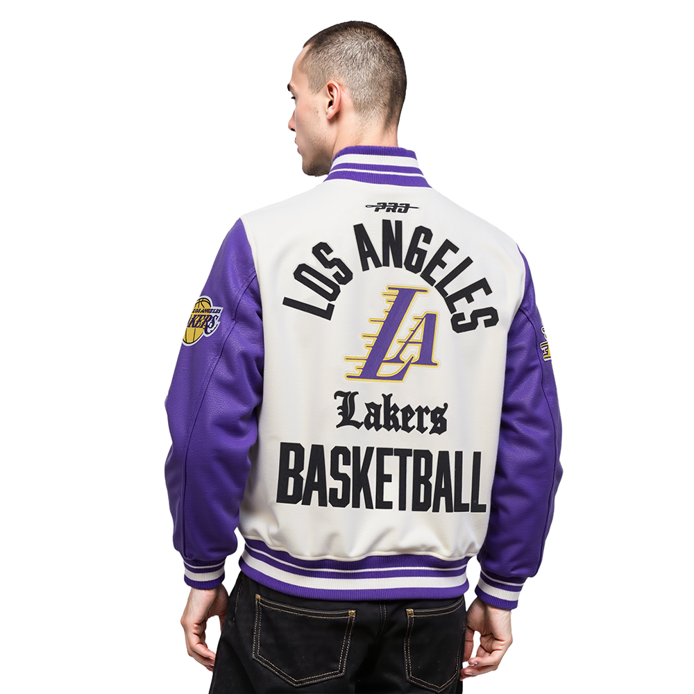 NBA LOS ANGELES LAKERS MODERN ORIGINALS MEN'S RIB WOOL VARSITY JACKET (EGGSHELL/ PURPLE)
