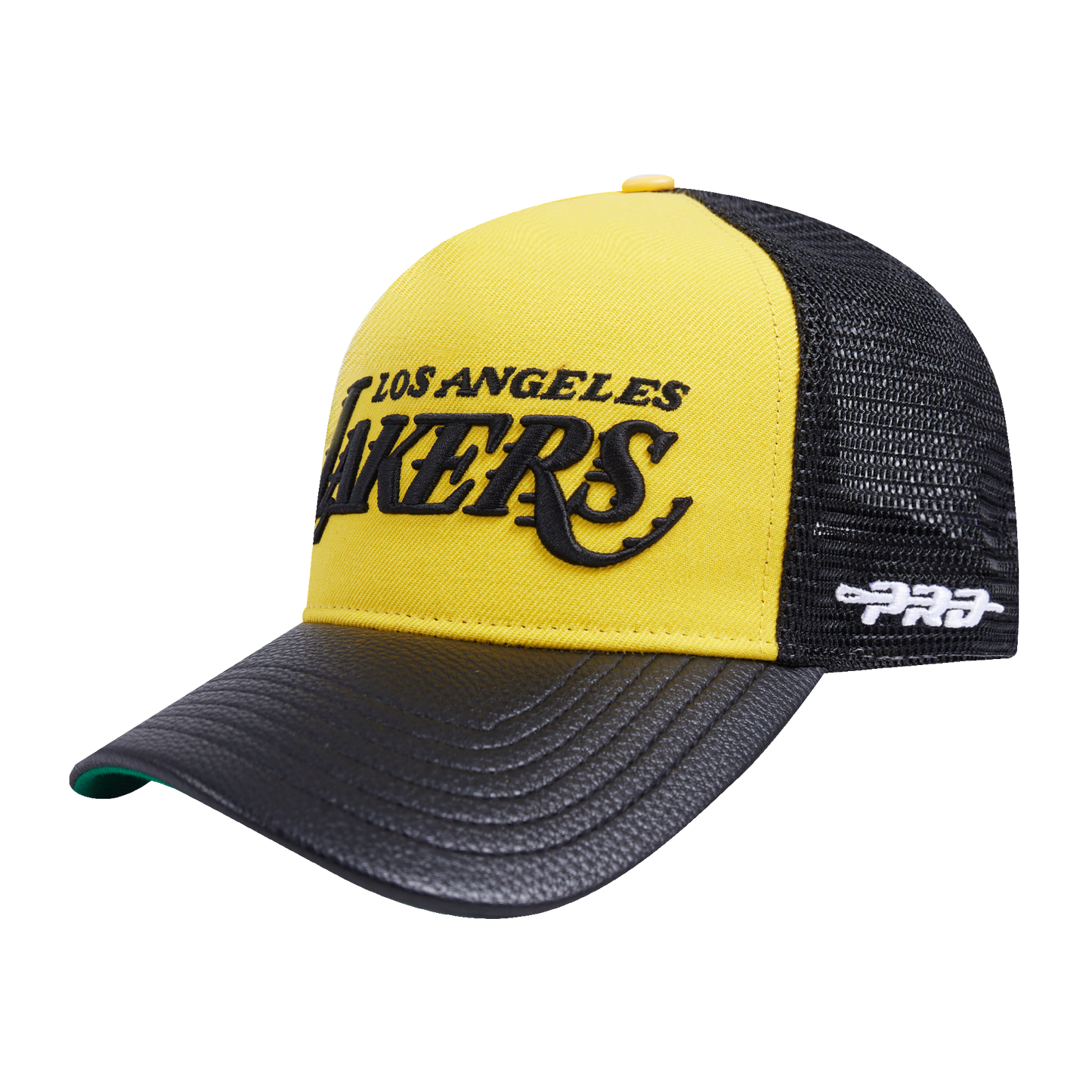 NBA LOS ANGELES LAKERS WORDMARK LOGO LEATHER PINCH FRONT TRUCKER (BLACK/YELLOW)