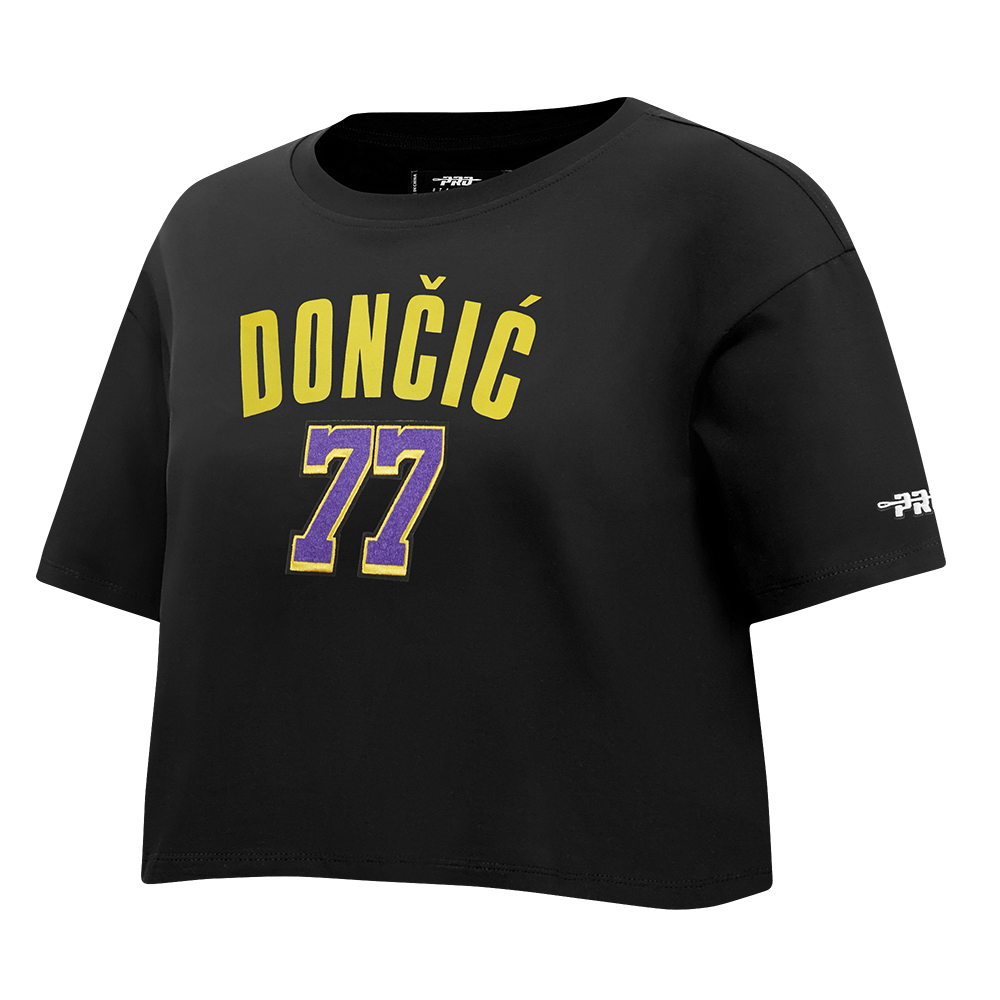 NBA LOS ANGELES LAKERS LUKA DONCIC #77 CLASSIC PNN WOMEN'S SJ BOXY TEE (BLACK)
