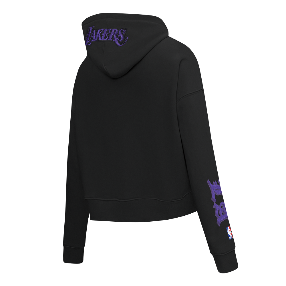 NBA LOS ANGELES LAKERS OLD ENGLISH WOMEN'S FLC CROPPED PO HOODIE (BLACK)