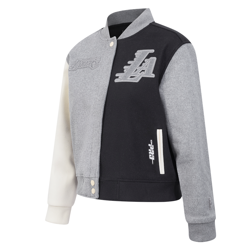 NBA LOS ANGELES LAKERS REVERSE FRENCH TERRY WOMEN'S WOOL VARSITY JACKE (BLACK/GRAY/EGGSHELL)
