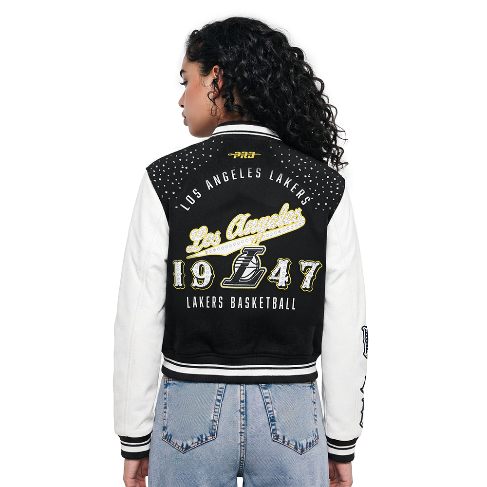 NBA LOS ANGELES LAKERS LEGACY WOMEN'S CROPPED RIB WOOL VARSITY JACKET (BLACK/WHITE)