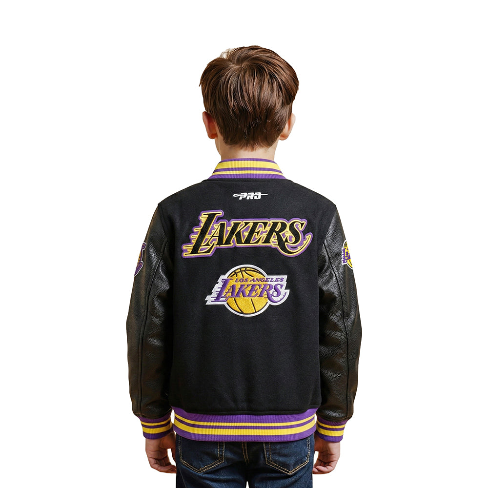 NBA LOS ANGELES LAKERS RETRO CLASSIC LITTLE BOYS RIB WOOL VARSITY JACKET (BLACK/PURPLE)