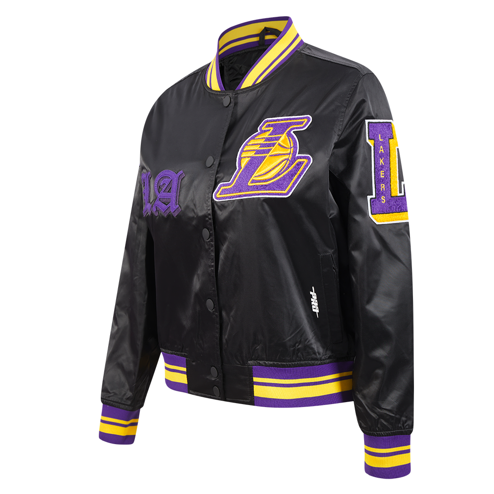 NBA LOS ANGELES LAKERS OLD ENGLISH WOMEN'S RIB SATIN JACKET (BLACK/PURPLE)