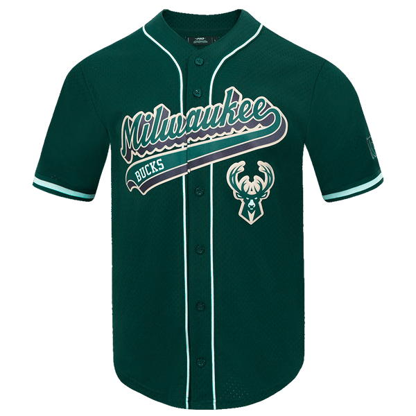 NBA MILWAUKEE BUCKS SCRIPT TAIL MEN'S MESH BUTTON DOWN SHIRT (FOREST GREEN)
