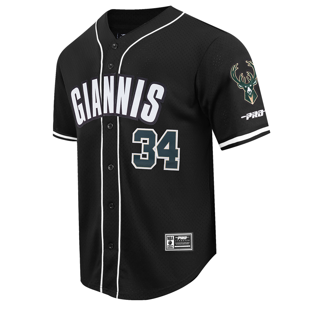 NBA MILWAUKEE BUCKS GIANNIS ANTETOKOUNMPO #34 CLASSIC MESH PNN MEN'S MESH BUTTON DOWN SHIRT (BLACK)