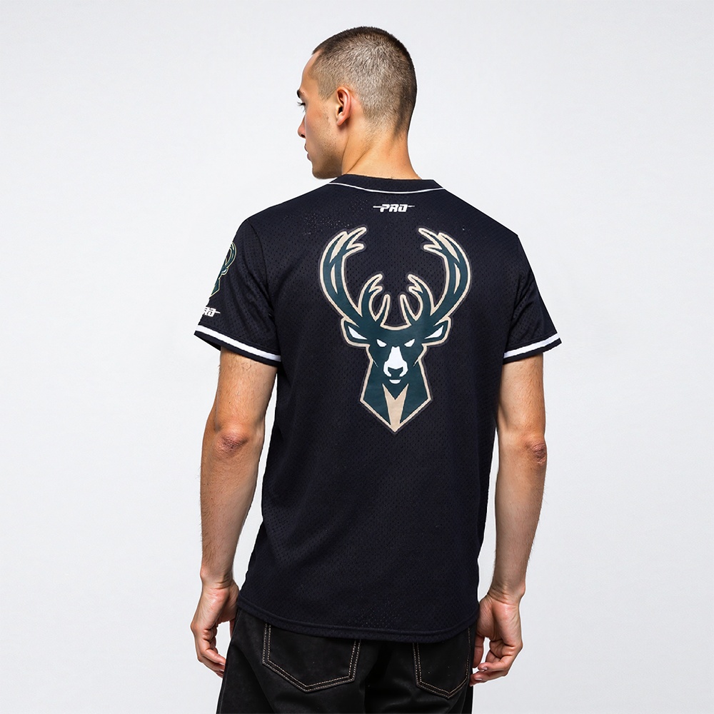 NBA MILWAUKEE BUCKS GIANNIS ANTETOKOUNMPO #34 CLASSIC MESH PNN MEN'S MESH BUTTON DOWN SHIRT (BLACK)