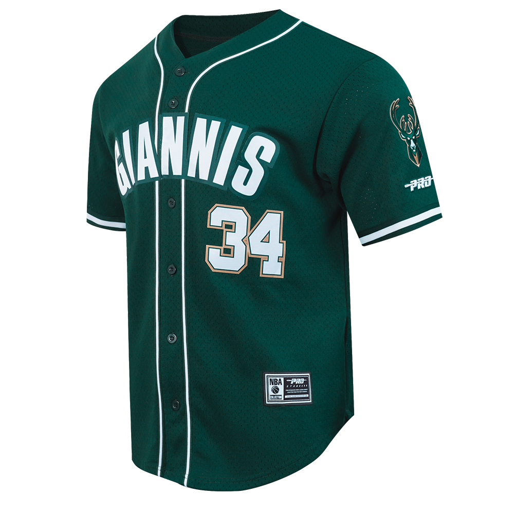 NBA MILWAUKEE BUCKS GIANNIS ANTETOKOUNMPO #34 CLASSIC MESH PNN MEN'S MESH BUTTON DOWN SHIRT (FOREST GREEN)