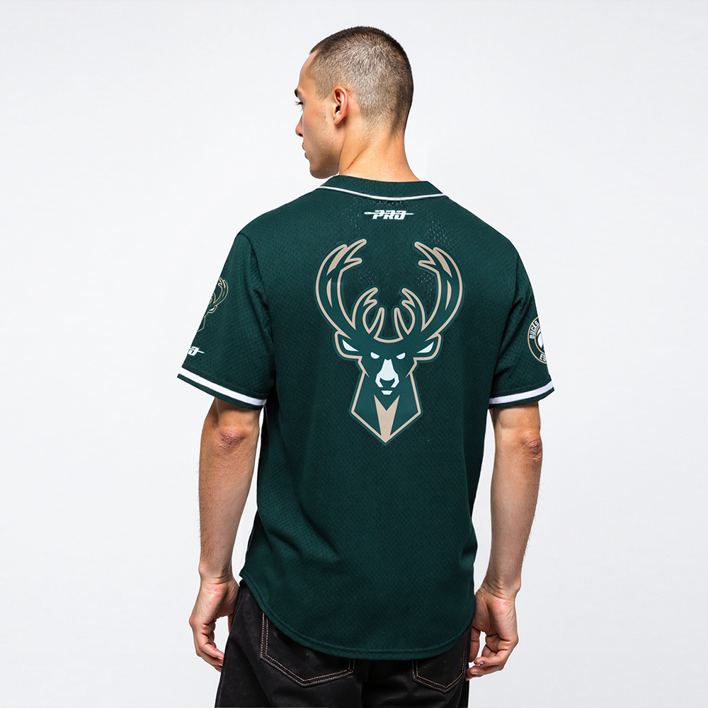 NBA MILWAUKEE BUCKS GIANNIS ANTETOKOUNMPO #34 CLASSIC MESH PNN MEN'S MESH BUTTON DOWN SHIRT (FOREST GREEN)
