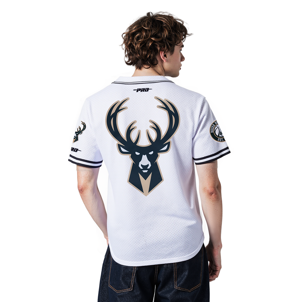 NBA MILWAUKEE BUCKS GIANNIS ANTETOKOUNMPO #34 CLASSIC MESH PNN MEN'S MESH BUTTON DOWN SHIRT (WHITE/BLACK/WHITE)