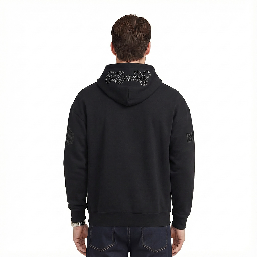 NBA MILWAUKEE BUCKS BLACKOUT MEN'S DROP SHOULDER FLC PO HOODIE (BLACK)