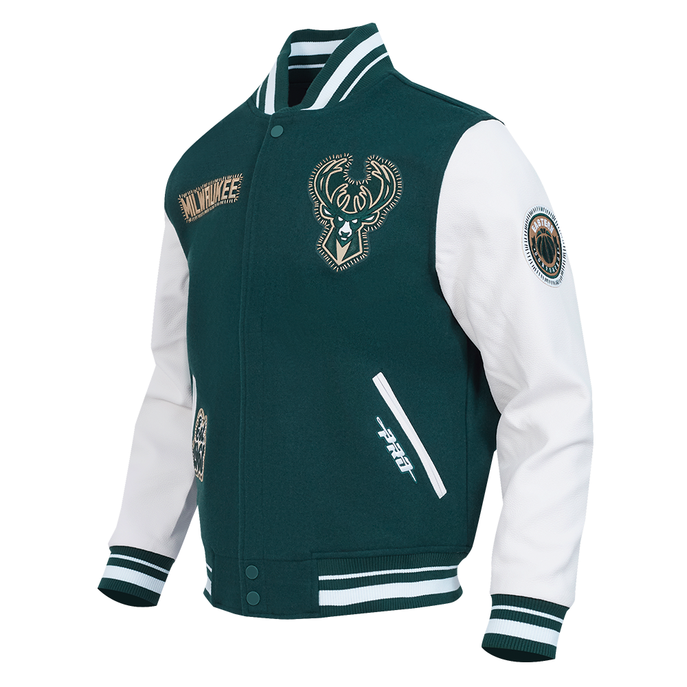 NBA MILWAUKEE BUCKS DIY PICK STITCH MEN'S RIB WOOL VARSITY JACKET (FOREST GREEN/WHITE)