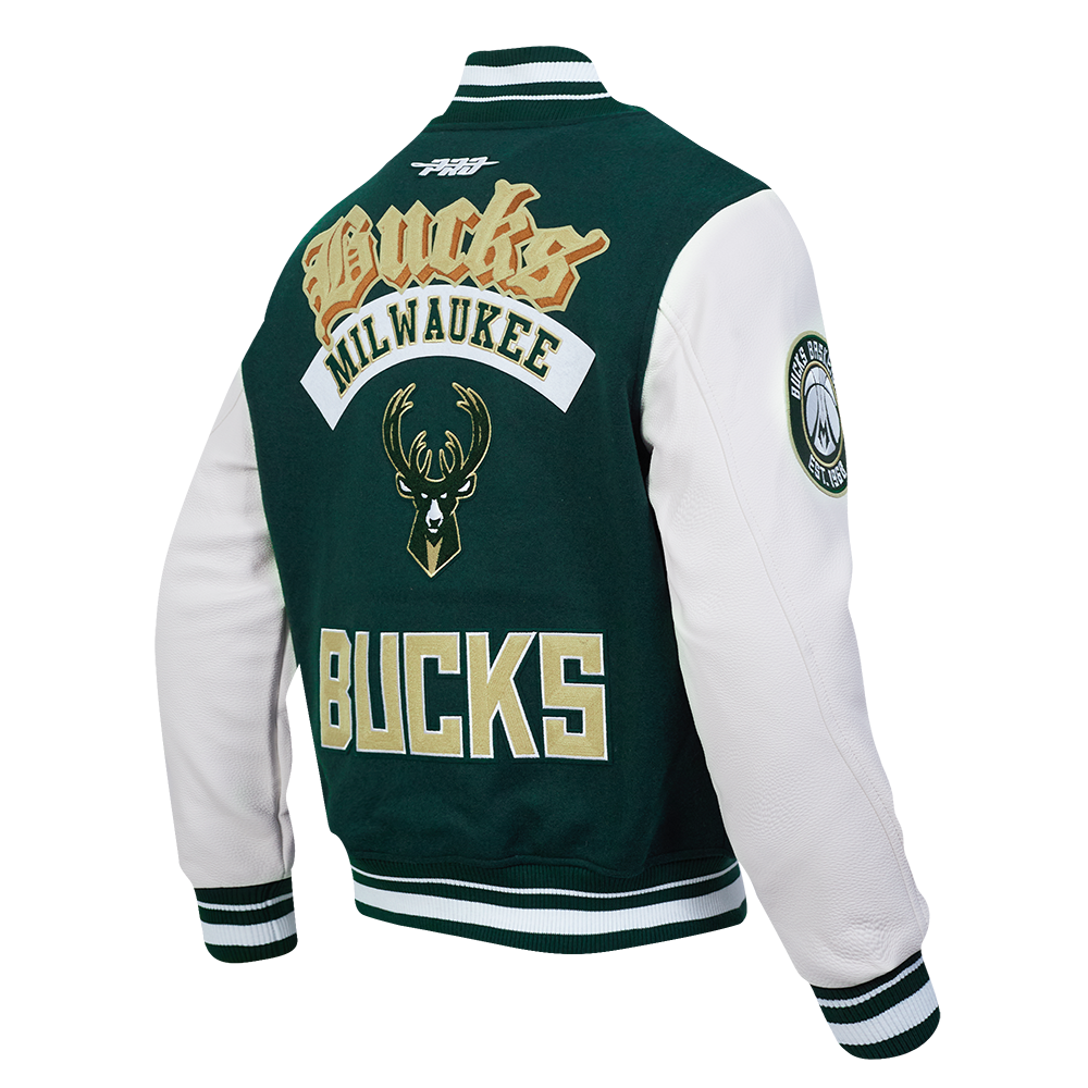 NBA MILWAUKEE BUCKS BEST OF MEN'S RIB WOOL VARSITY JACKET (FOREST GREEN/WHITE)
