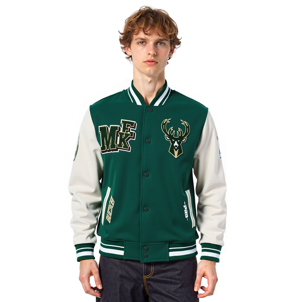 NBA MILWAUKEE BUCKS BEST OF MEN'S RIB WOOL VARSITY JACKET (FOREST GREEN/WHITE)