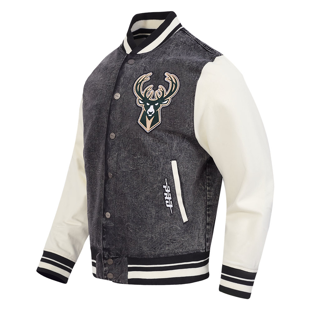 NBA MILWAUKEE BUCKS REBEL ATHLETICS MEN'S DENIM VARSITY JACKET (WASHED BLACK/EGGSHELL)