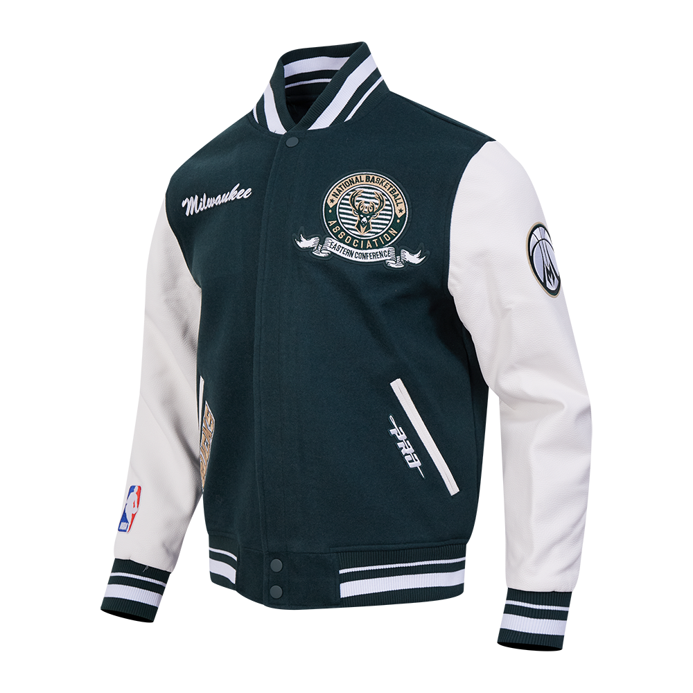 NBA MILWAUKEE BUCKS TEAM BADGE MEN'S RIB WOOL VARSITY JACKET (FOREST GREEN/WHITE)