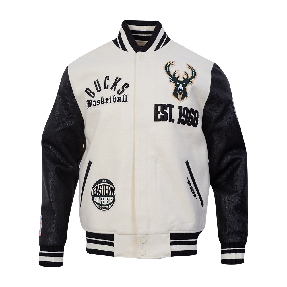NBA MILWAUKEE BUCKS MODERN ORIGINALS MEN'S RIB WOOL VARSITY JACKET (EGGSHELL/ BLACK)