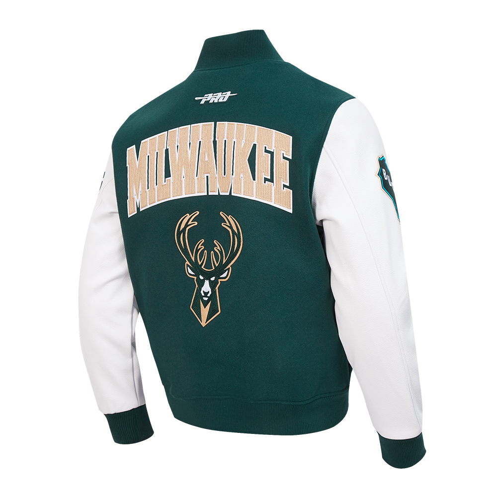 NBA MILWAUKEE BUCKS CITY ARCH MEN'S WOOL VARSITY JACKET (FOREST GREEN/WHITE)