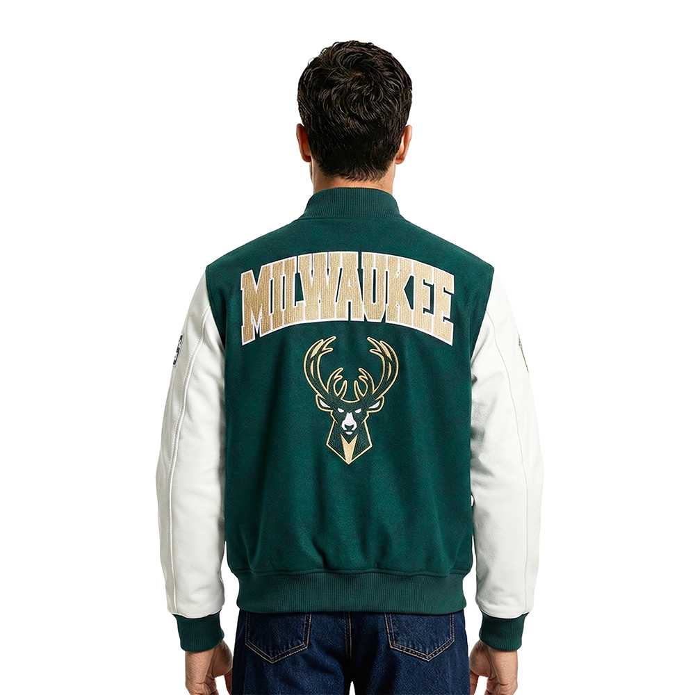 NBA MILWAUKEE BUCKS CITY ARCH MEN'S WOOL VARSITY JACKET (FOREST GREEN/WHITE)